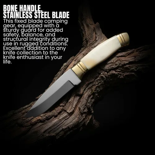 Vista 3 de SZCO Cuchillo de caza Full Tang de 8.25 pulgadas, elegante cuchillo de campamento con mango de hueso, hoja de acero inoxidable y funda, cuchillo