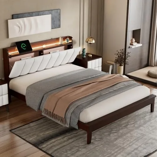 Vista 9 de Moderna base de cama LED de tamaño matrimonial con estación de carga, plataforma de madera con cabecera tapizada de almacenamiento, cama matrimonial