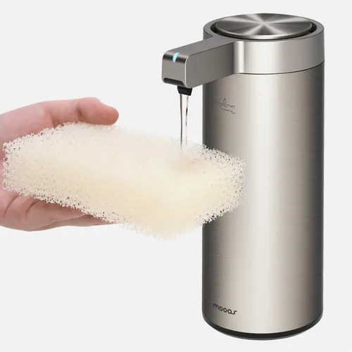 Vista 10 de mooas Dispensador automático de jabón líquido de acero inoxidable, manos libres, sin contacto, 2 niveles, ajustable, impermeable, sensor