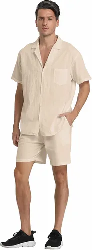 Vista 19 de RPOVIG Conjunto corto de camisa de lino: conjunto casual de 2 piezas con botones para hombre