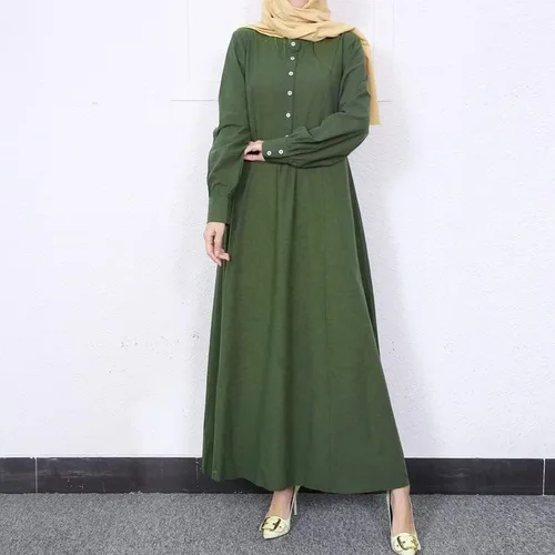 Vista 4 de Vestido largo de lino de algodón para mujer, de manga larga, con botones lisos, cuello redondo, para otoño, casual, hasta el tobillo