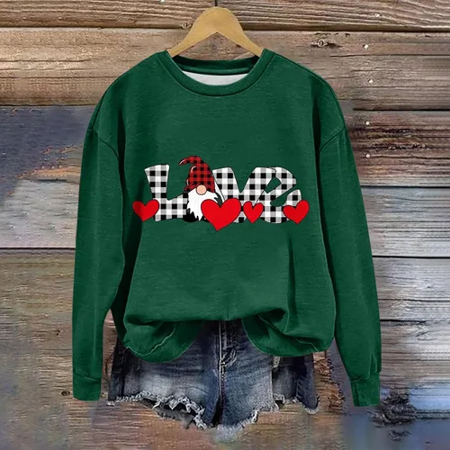 Vista 3 de Sudaderas para el día de San Valentín para mujer, cuello redondo, blusas con estampado de corazón, blusas casuales de manga larga con estampado