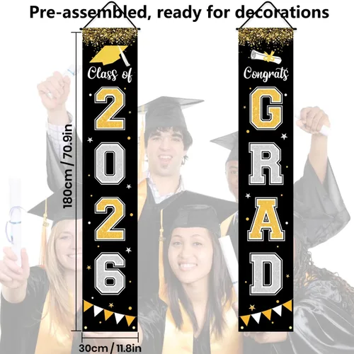 Vista 4 de Bandera de decoración de graduación 2025 GRAD Bandera negra para porche y puerta de bienvenida para pared interior y exterior, decoración