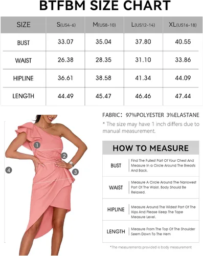 Vista 5 de BTFBM Vestido de cóctel elegante de un hombro para mujer, manga con volantes, fruncido, entallado, corto, para fiesta