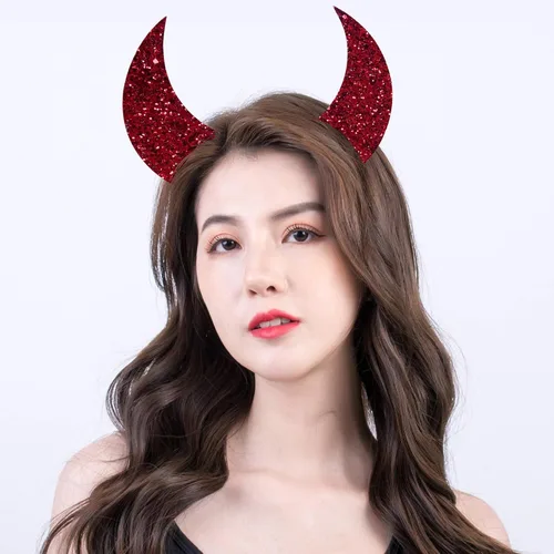 Vista 5 de Cuernos de diablo, diadema de cuernos de diablo con purpurina roja para Halloween, disfraz de Halloween, accesorio de cosplay para mujer