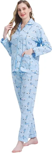 Vista 4 de Amaxer Conjunto de pijama 100% algodón para mujer, de manga larga, suave, con botones, con cordón elástico