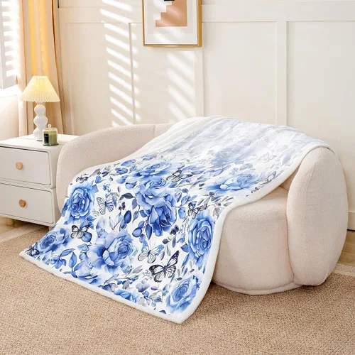 Vista 3 de Homewish Manta de cama con estampado de flores, manta de porcelana azul y blanca para niños y niños, manta sherpa de poliéster ligera con estampado