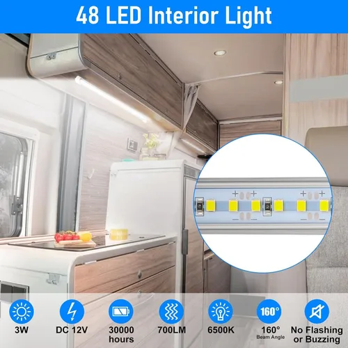 Vista 2 de Linkstyle 2PCS Barra de Luz LED Interior de 12V, Tira de Luz Delgada de 48 LEDs con Interruptor, Lámpara de Iluminación Blanca de 6500K