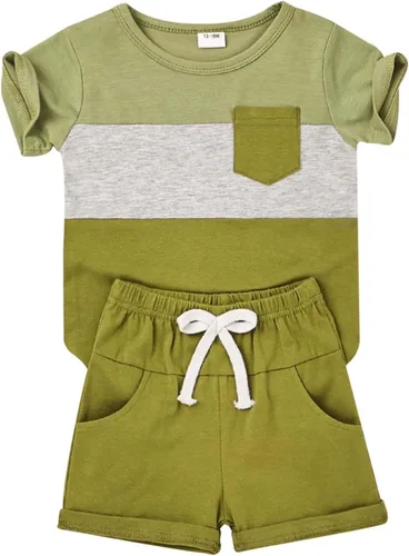 Vista 9 de Ropa para bebé niño pequeño, trajes de verano de manga corta, camiseta de retazos y pantalón con bolsillo, conjunto de 2 piezas, 12 meses a 4 años