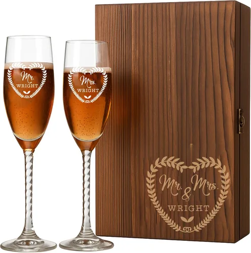 Vista 16 de Mr and Mrs - Juego de copas de champán con caja de madera grabada, elegantes copas de brindis de boda, regalo para novia y novio, compromiso