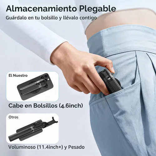 Vista 5 de Mini Palo Magnético para Selfie para iPhone, Trípode Portátil 4 en 1 de Tamaño de Bolsillo para iPhone MagSafe/Android con Control Remoto/Soportes