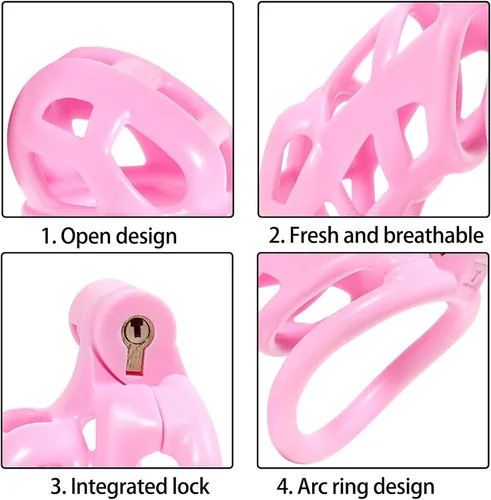 Vista 4 de Jaula de castidad rosa masculina 3.0, dispositivo de castidad masculina con 4 anillos para el pene, jaula ligera de resina para hombre para pene