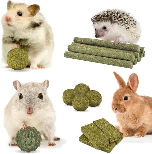 Vista 5 de ERKOON 25 juguetes masticables de conejo, 100% natural Timothy heno galleta y palitos de golosinas, juguete masticable para dientes para conejo
