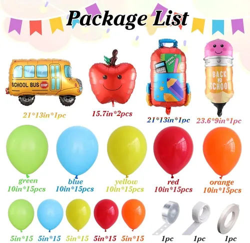 Vista 2 de Kit de arco de guirnalda de globos de regreso a clases, bolsa de lápices de autobús escolar, globo de aluminio con globos arcoíris para el primer