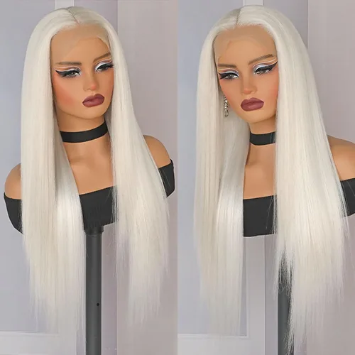 Vista 4 de Lovestory Peluca de encaje frontal larga y recta color blanco platino, predepilada, rubio platino, pelucas de encaje frontal sintético para mujeres