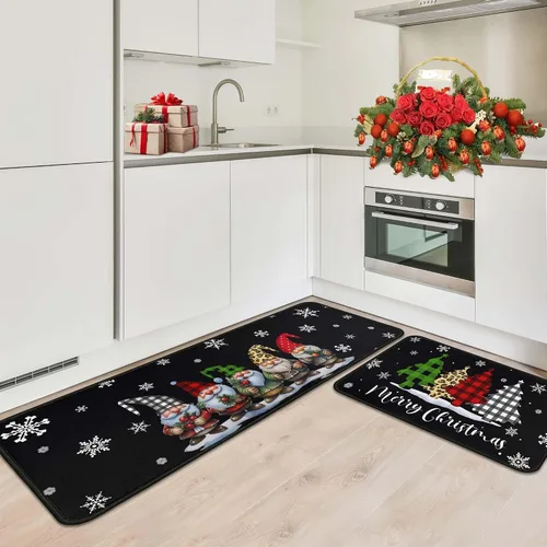 Vista 4 de Alfombras de cocina de cuadros de búfalo con gnomos de árbol negros, juego de 2, Merry Christmas, decoración de piso de perfil bajo para fiestas