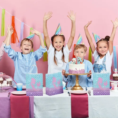 Vista 4 de Jectivs 16 bolsas de recuerdo de fiesta de cumpleaños de sirena, bolsas de regalo de papel kraft con asas para niños, suministros de fiesta de baby