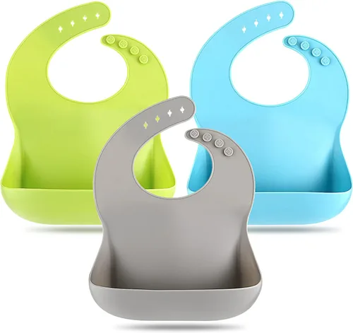 Vista 8 de Eascrozn Juego de 3 baberos de silicona para bebés y niños pequeños, sin BPA, suaves y ajustables impermeables para alimentos esenciales