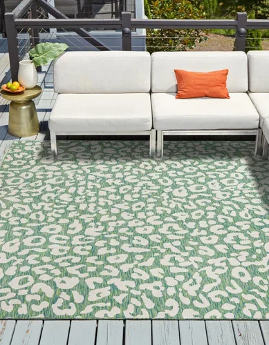 Vista 10 de Unique Loom colección Outdoor Safari Alfombra para exteriores - Leopardo (13' redonda, azul/gris)