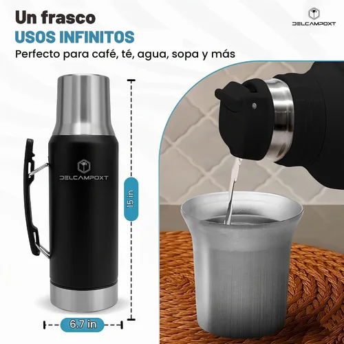 Vista 4 de Mate Thermal Flask Termo con tapa Tapa Vaso – Botella aislada al vacío de acero inoxidable de 1.2L (67.6 onzas), mantiene las bebidas calientes