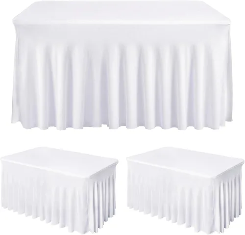 Vista 12 de Fixwal Paquete de 2 manteles de elastano negro para mesa rectangular de 4 pies, falda de mesa para fiesta, espectáculo, boda y cumpleaños