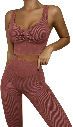Vista 2 de Conjuntos de entrenamiento para mujer trajes de 2 piezas lavados sin costuras acanalados cuello corazón brasier sin mangas cintura alta conjuntos