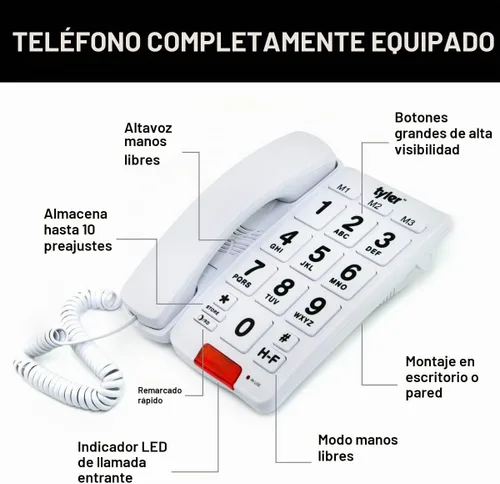 Vista 3 de Tyler TBBP-3-WH Teléfono con cable de botón grande con altavoz para personas mayores y facilidad de uso