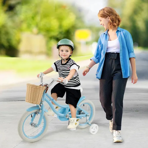 Vista 2 de COSTWAY Bicicleta para niños de 14, 16, 18 pulgadas, con ruedas de entrenamiento, canasta, asiento y manubrio ajustables, frenos de mano