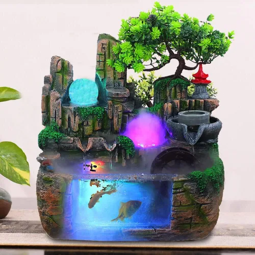 Vista 11 de Fuente de rocalla, fuente de agua de mesa, cascada china de escritorio Fengshui para interiores con lámpara LED efecto de atomización, adecuada