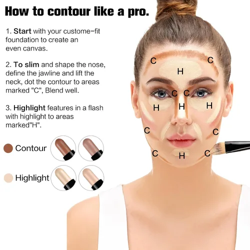 Vista 5 de Barra de contorno, 2 rotuladores de doble punta y barra de contorno para moldear la cara, crema bronceador y barras de resaltado impermeable