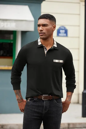 Vista 6 de COOFANDY Polo de manga larga para hombre, estilo casual, con botones, a cuadros, cuello de golg, con bolsillo