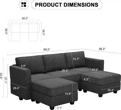 Vista 2 de Belffin Sofá seccional modular de tela en forma de U Sofá seccional doble diván Sofá otomano convertible con almacenamiento negro