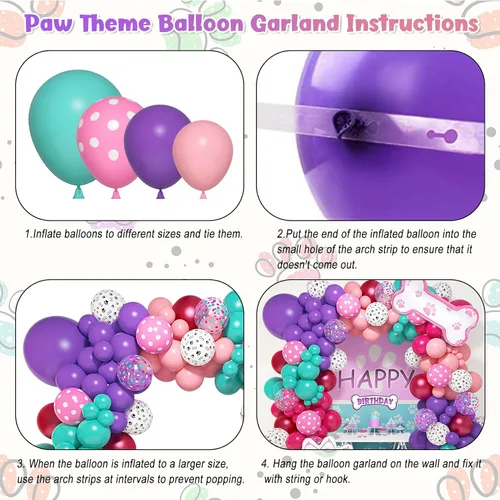 Vista 3 de Kit de arco de guirnalda de 147 piezas de globos con diseño de pata con globos con estampado de pata de perro rosa, morado, turquesa, globos