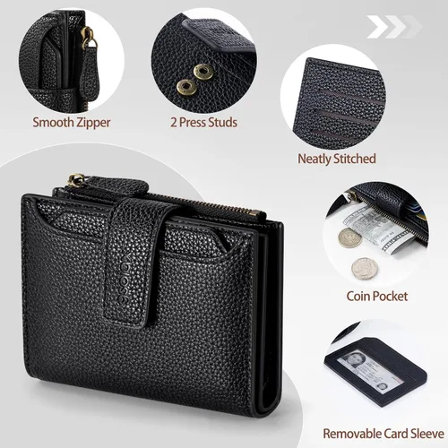 Vista 5 de GSOIAX Billetera pequeña de piel auténtica para mujer, con bloqueo RFID, plegable, delgada, con bolsillo para monedas con cremallera y ventana