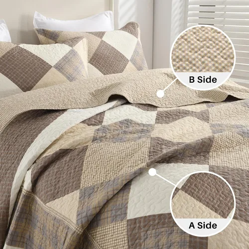 Vista 7 de Juego de ropa de cama de tamaño Queen grande, colcha de 120" x 102", 100% algodón, colcha acolchada ligera, juego de cubrecama de estilo rústico, 3