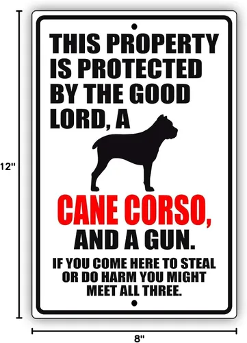 Vista 5 de This Property is Protected by The Good Lord A Cane Corso Dog Unique Novelty Precaution Aviso de advertencia al aire libre Letrero de metal