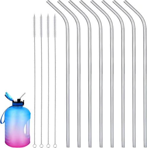 Vista 8 de Geiserailie 8 pajitas de acero inoxidable reutilizables de 14 pulgadas para vasos de 100 onzas, extra con 4 cepillos de limpieza (arcoíris)