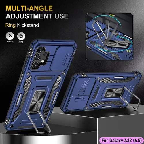 Vista 5 de Funda resistente para Samsung Galaxy A32 (5G), protector híbrido de goma de doble capa de grado militar con protector de cámara deslizante, soporte