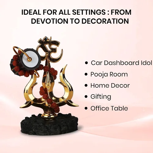 Vista 5 de Trishul chapado en oro con símbolo Damru y Om (4 pulgadas) – Tridente Shiva de resina antigua para Puja, Real Rudraksh Mala Shiva, ídolo de Shiva