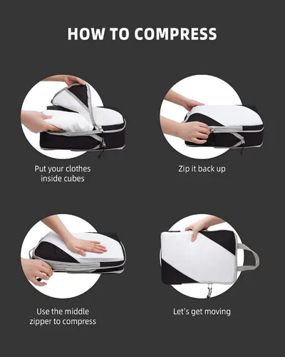 Vista 4 de Juego de 7 cubos de compresión para maleta, artículos esenciales de viaje, bolsas organizadoras para equipaje, accesorios de viaje, organizadores