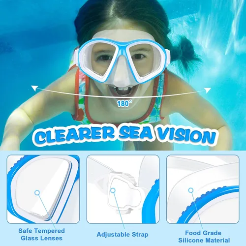 Vista 2 de Supertrip Kids Snorkeling Set, Snorkeling Gear for Kids, Children Mask Fin Snorkel Set with Tempered Glass, Snorkel Mask Diving Goggles, Dry Top