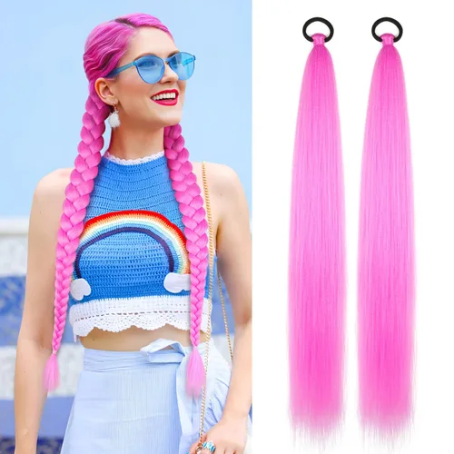 Vista 23 de Paquete de 2 extensiones de cola de caballo trenzada con lazo elástico, lacio, elegante envolvente, extensiones de cola de caballo de 26 pulgadas