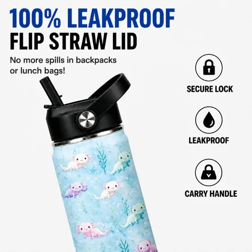 Vista 3 de Botella de agua de 16 onzas para niños, linda botella de acero inoxidable aislada con tapa abatible con popote abatible a prueba de fugas, taza