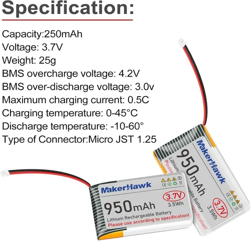 Vista 3 de MakerHawk Batería LiPo de 3.7 V 950 mAh recargable 1S 3C batería de polímero de litio con placa de protección cinta de goma aislada, enchufe micro