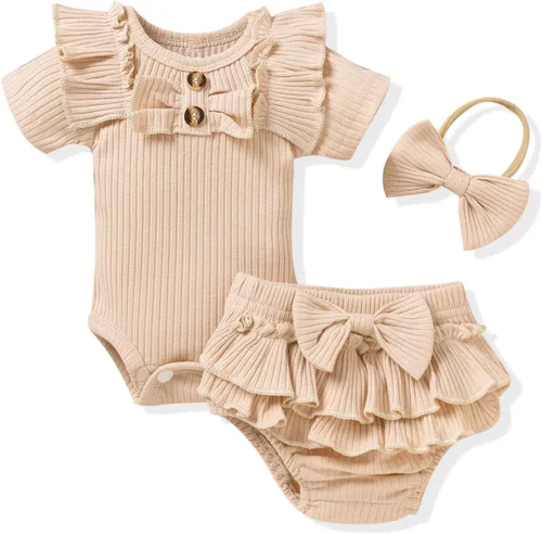 Vista 8 de Aalizzwell Body de manga corta para bebé niña con pantalones cortos acanalados