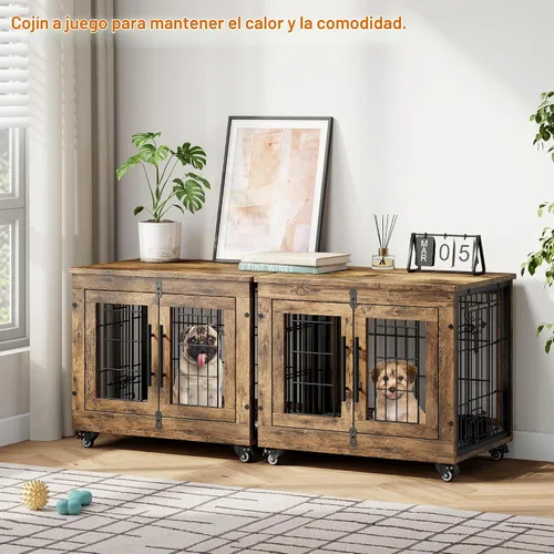 Vista 8 de Muebles de jaula para perros pequeños, perrera resistente de 27.1 pulgadas con cojín y ruedas Rustic Brown, Double Doors, Wooden Dog Cage