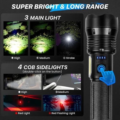 Vista 4 de THY TRY Linternas de Alto Lúmenes - Paquete de 2, Linternas Recargables 90000 Alto Lúmenes, Linterna LED Súper Brillante con 7 Modos, Linterna