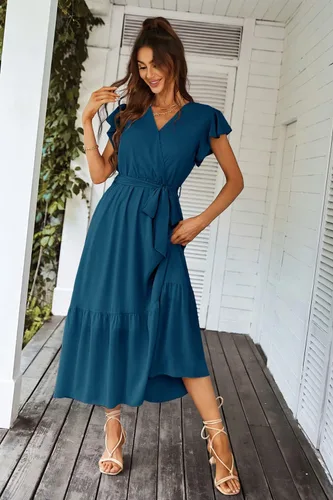 Vista 4 de PRETTYGARDEN - Vestido floral para mujer estilo bohemio, cruzado, con cuello en V, manga corta, con cinturón, dobladillo con volantes, acampanado