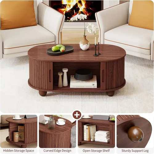 Vista 4 de Mesa de centro moderna de mediados de siglo con almacenamiento, mesa de centro ovalada de madera con puerta corrediza de tambor, mesa central