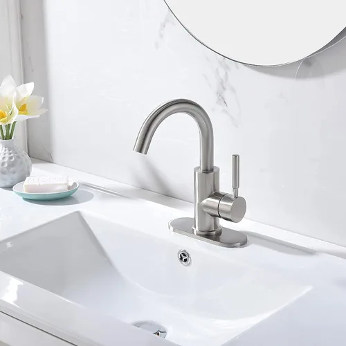 Vista 8 de Grifo de acero inoxidable de arco alto de un solo mango para fregadero de precocina/fregadero de bar/fregadero de baño por Phiestina, con placa